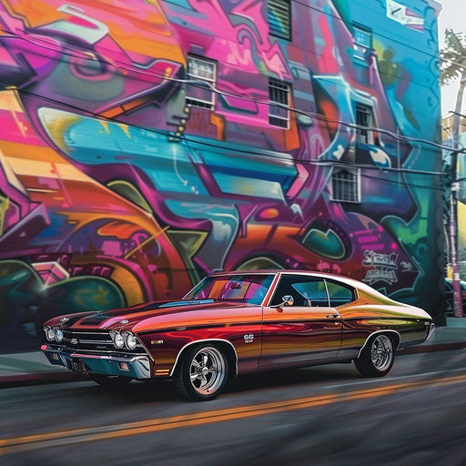 1969 Chevrolet Chevelle SS transformed into a lowrider, bouncing down an urban street with a vibrant mural