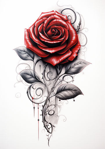Detailed red rose: black and gray feathers, steampunk, twisted branches, tattoo-inspired 5:7