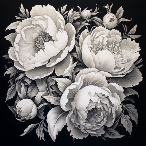 Black and white drawing of peonies, classic tattoo style, multilayered texture, flat shading