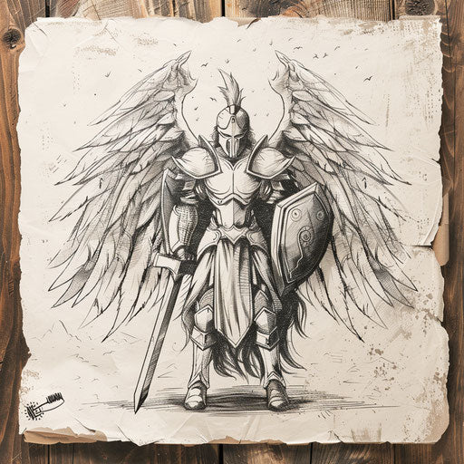 Sketch of an angel warrior holding a shield and sword