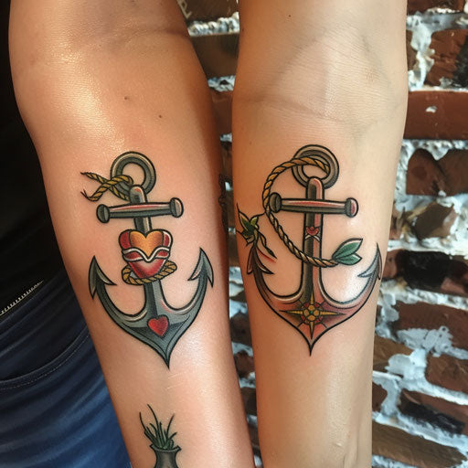 Friendship tattoos in the style of Sailor Jerry showcasing a shared anchor design