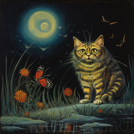 Louis Wain's cat gazing at an insect