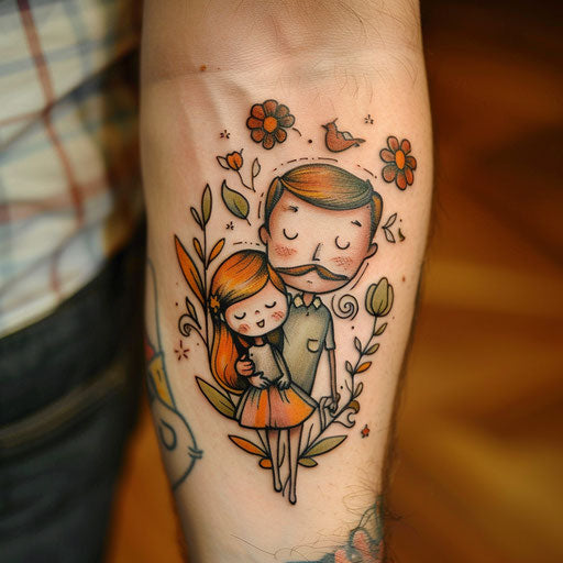 Father daughter tattoos with cartoonish flair, in the style of Steve Sack