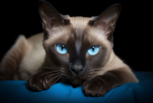 Attractive siamese cat laying down in brown and azure style