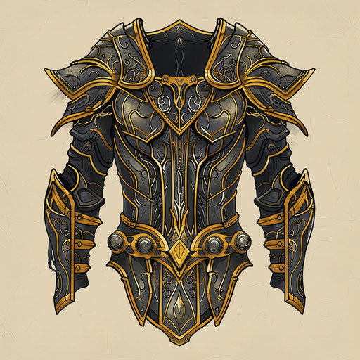 Elaborate tattoo sketch of Thor's armor, detailed flat style with golden accents