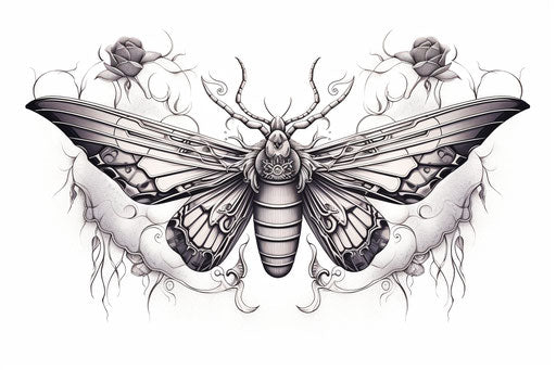 Tattoo of an insect with black and white wings, skull motifs style