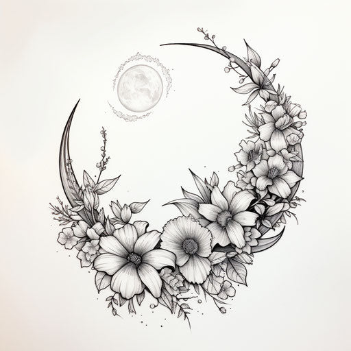 Inked flowers in moon, exotic realistic stylized designs