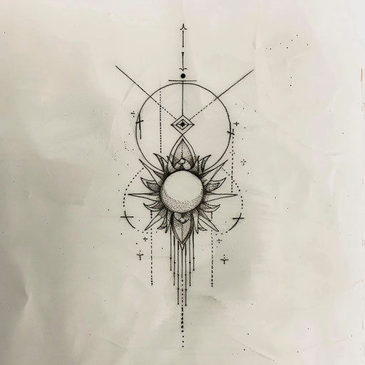 Flat tattoo sketch of a rising sun with geometric patterns