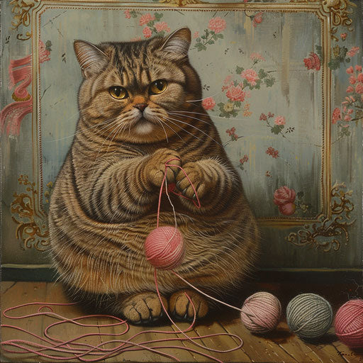 Plump cat playing with yarn