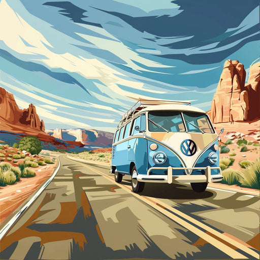 Realistic road trip clip art with blue background and soft texture