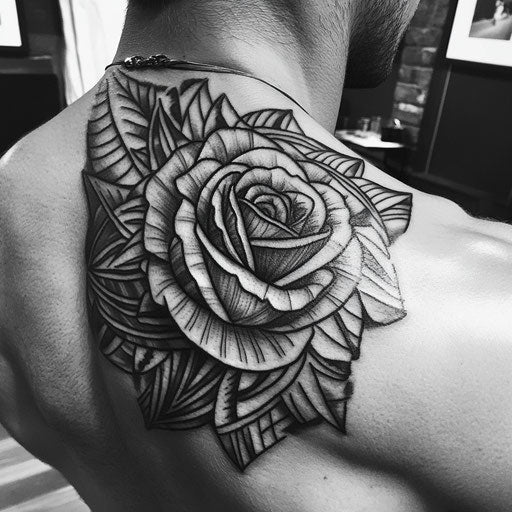 Simple flower tattoos with bold rose and tribal pattern