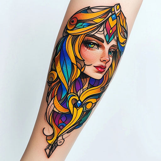Outer forearm tattoo in stained glass style for females