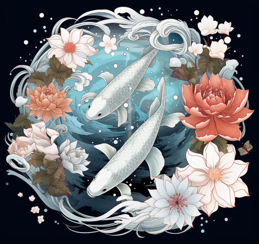 White Lotus Flower and Two Koi With Blue and White Waves