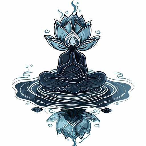 Reflective tattoo sketch of a single lotus position with water rippling around, symbolizing tranquility, in blues and greys, in a meditative clipart style