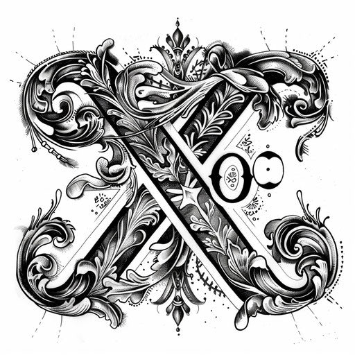 Sketch of a retro-inspired xo tattoo with vintage typography and motifs