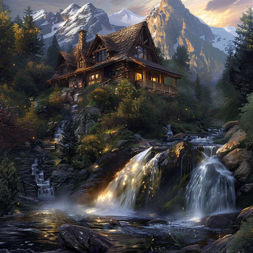 Mountain cabin with cascading waterfall