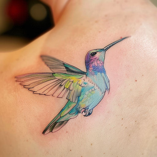 Delicate tattoo design of a hummingbird, body and wings accented with autism awareness colors, on a white canvas.