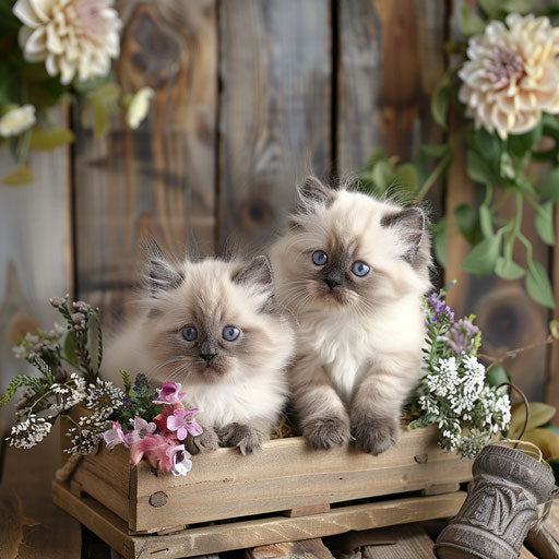 Pair of Himalayan kittens in a small wooden crate with flowers
