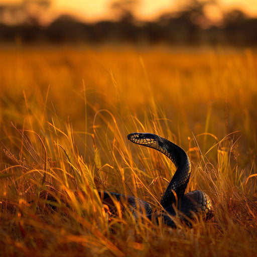 Black mamba snake in a golden grassland at dusk