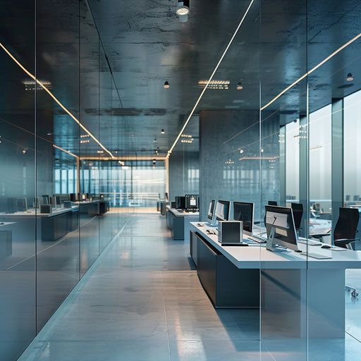 High-tech corporate office with advanced computers and minimali