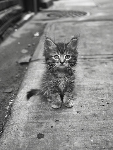 Kitten sitting on the sidewalk, emphasis on facial expression
