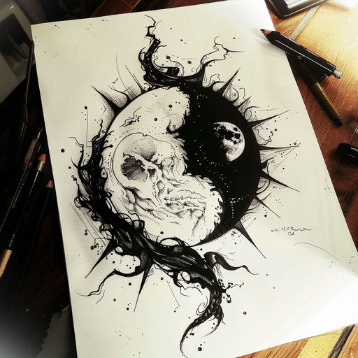 Harmonious sketch of a sun and moon tattoo in yin-yang style, dual-tone