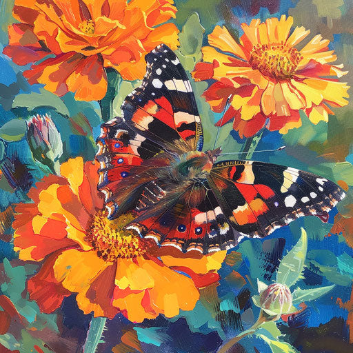 Red admiral butterfly on vibrant orange marigold