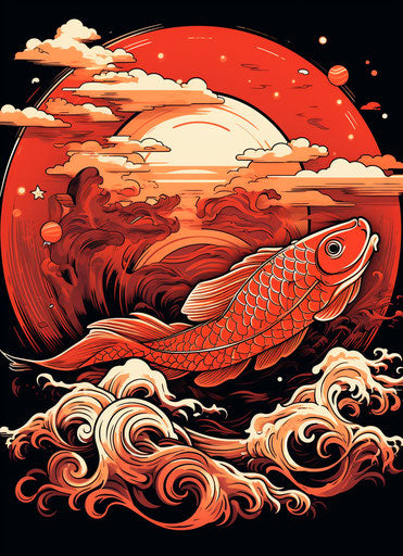 Fish with sun and moon, Japanese tattoo style, red and white imagery