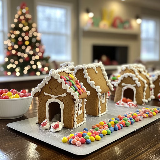 Whimsical setup of gingerbread house and candy