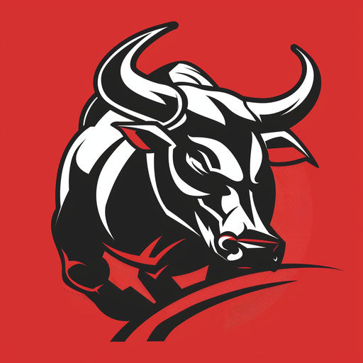 Bold bull sports logo in black and white, on a dynamic red background