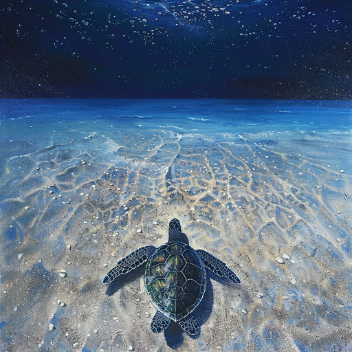 The green sea turtle heading towards the deep blue ocean horizon