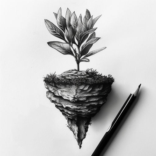 Surreal tattoo sketch of a floating island made of sage leaves