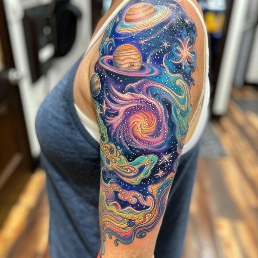 Arm tattoos for women in the style of Guy Aitchison featuring a cosmic nebula with vibrant colors