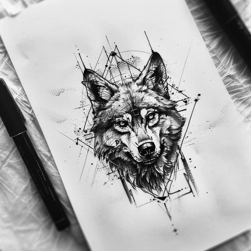 Monochrome tattoo sketch with lobo and minimalist elements