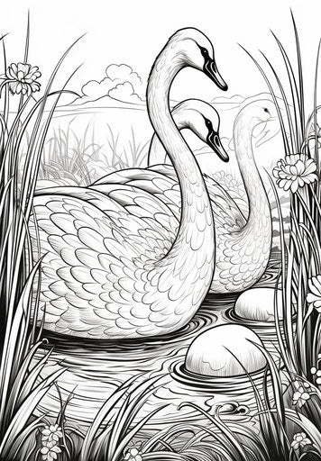 Easter egg coloring pages - The swans coloring page, in the style of cottagepunk, rounded 23:33