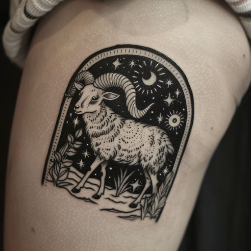 Bold and dark tattoo sketch with a sheep under a starry sky