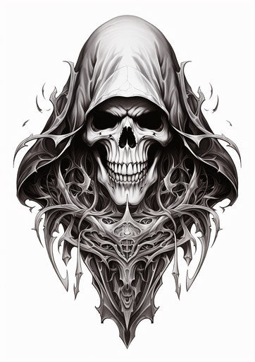 Black and white drawing of the grim reaper tattoo