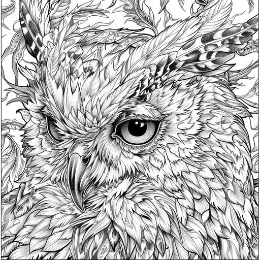 Intricate owl with elaborate feathers. Coloring book page