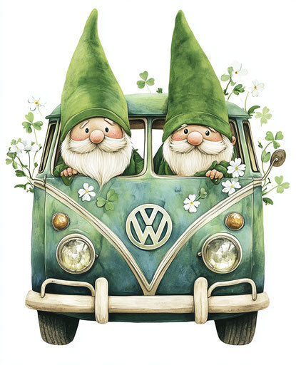 Green hippie gnome couple in old Volkswagen van with clover flowers