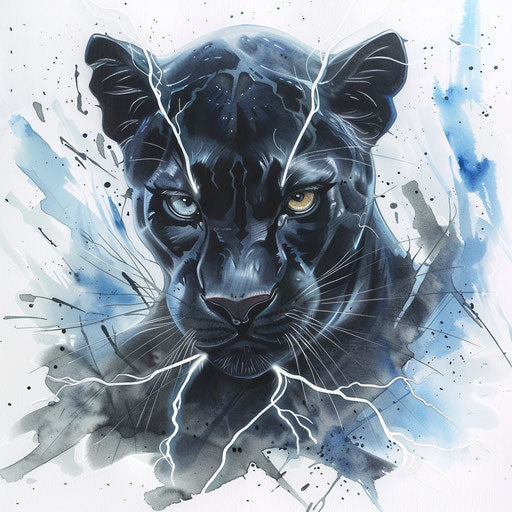 Black panther tattoo with lightning effect, radiating power, on a stormy white background