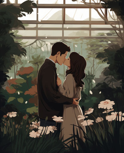 Animated kiss in a garden, cute naive drawing
