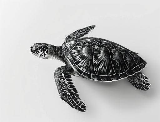 Sea turtle in black and white, detailed pen strokes style