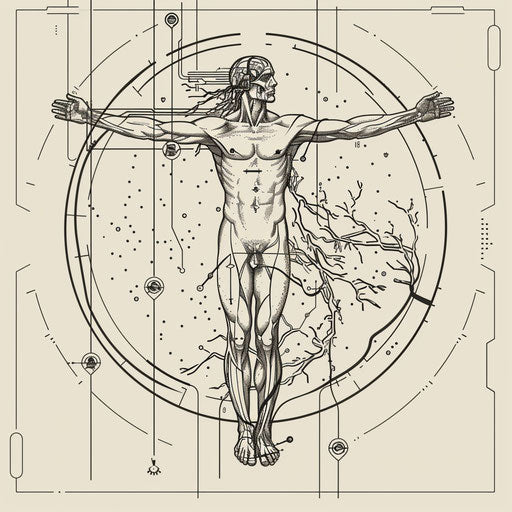 Dynamic sketch of Vitruvian Man with electric circuits integrated, symbolizing technology, in a sleek clipart style