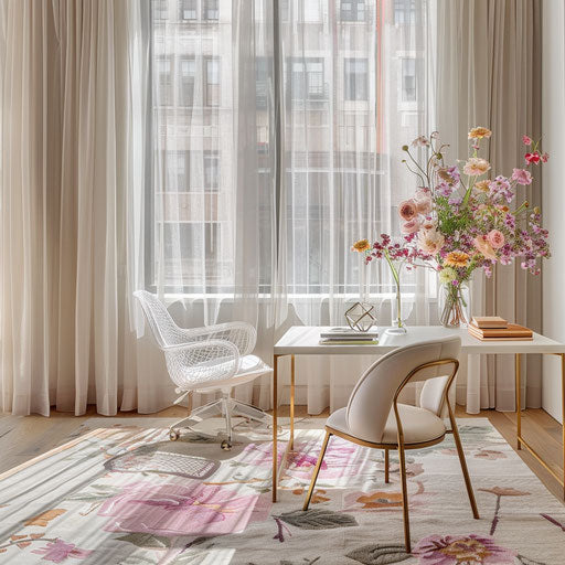 Bright home office with sheer curtains and plush area rug