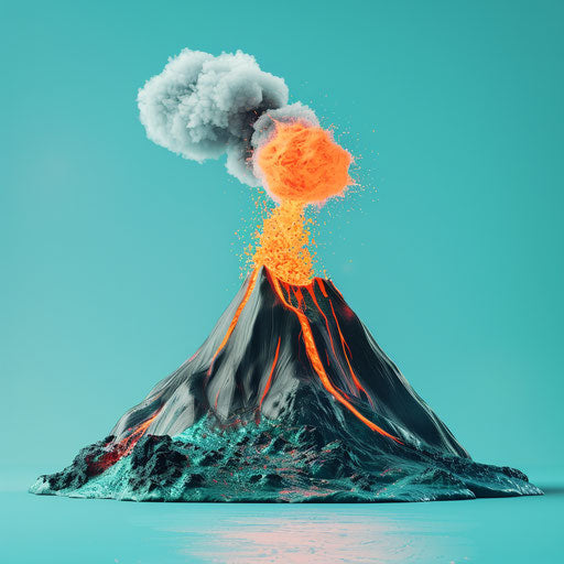 Photorealistic volcano clipart on flat, serene aqua background