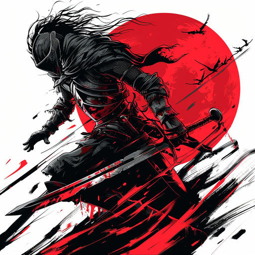 Dynamic tattoo sketch of a Dark Souls battle scene in a vivid, flat clipart style with red and black