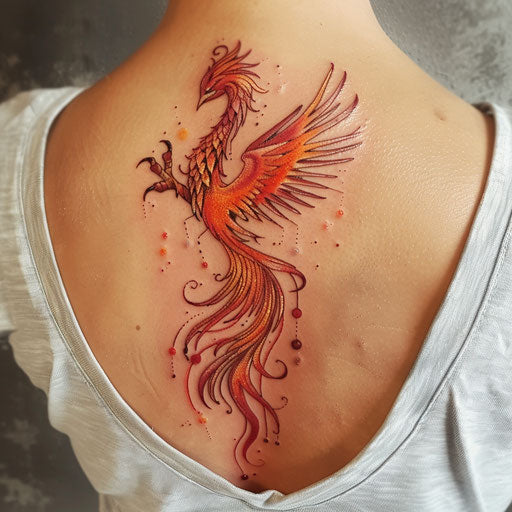 Stylized phoenix spine tattoo in a blend of red and orange hues, rising on a white background