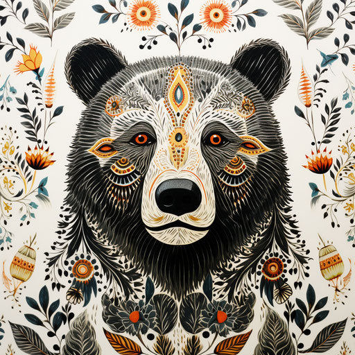Ornate bear print wall mural, watercolor style, metal embroidery, gond art, white background, close up, caricature-like, massurrealism