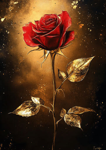 Red rose with golden leaves, romance and elegance