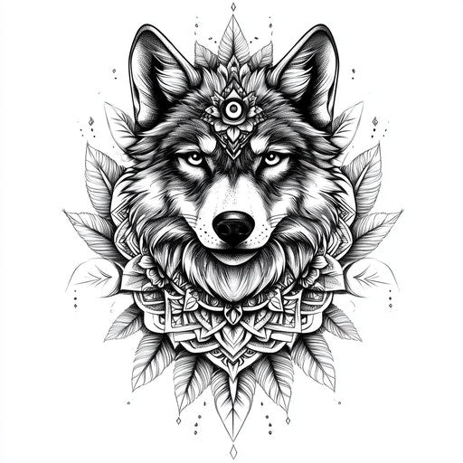 Wolf tattoos for men in mandala on white background